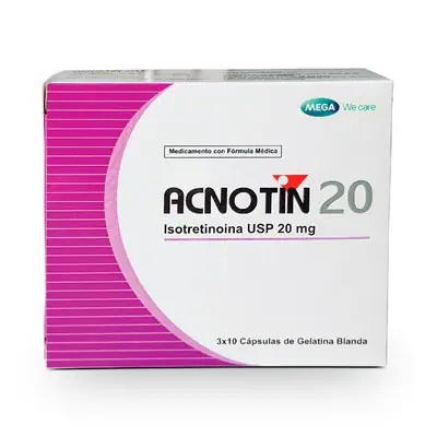 Acnotin (isotretinoína) cápsulas blandas 20 mg, caja x 30 unidades