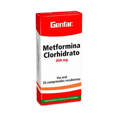Metformina clorhidrato Genfar tabletas 850 mg, caja x 30 unidades