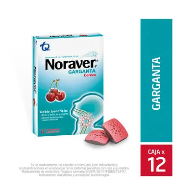 Noraver Garganta tabletas sabor Cereza, caja x 12 unidades