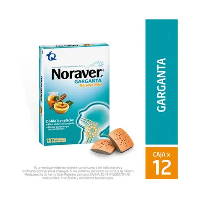 Noraver Garganta tabletas sabor Naranja/miel, caja x 12 unidades