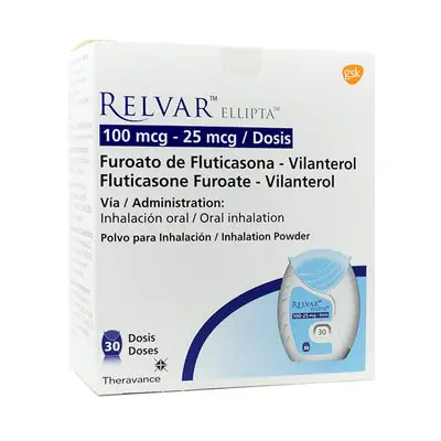 Relvar Ellipta polvo para inhalación 100/25 mcg, caja con 30 inhalaciones