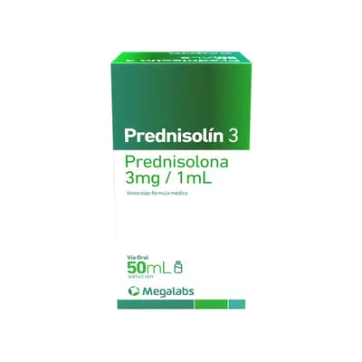 Prednisolin solución oral 3 mg/ml, frasco de 10 ml con jeringa dosificadora Megalabs