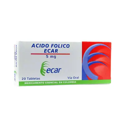 Ácido Fólico 5 mg Ecar, caja x 20 tabletas