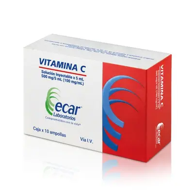 Vitamina C 500 mg inyectable Ecar, ampollas de 5 ml, caja x 10