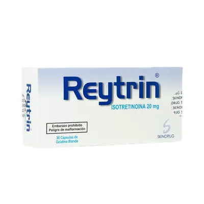 Reytrin Isotretinoína 20 mg, caja por 30 cápsulas